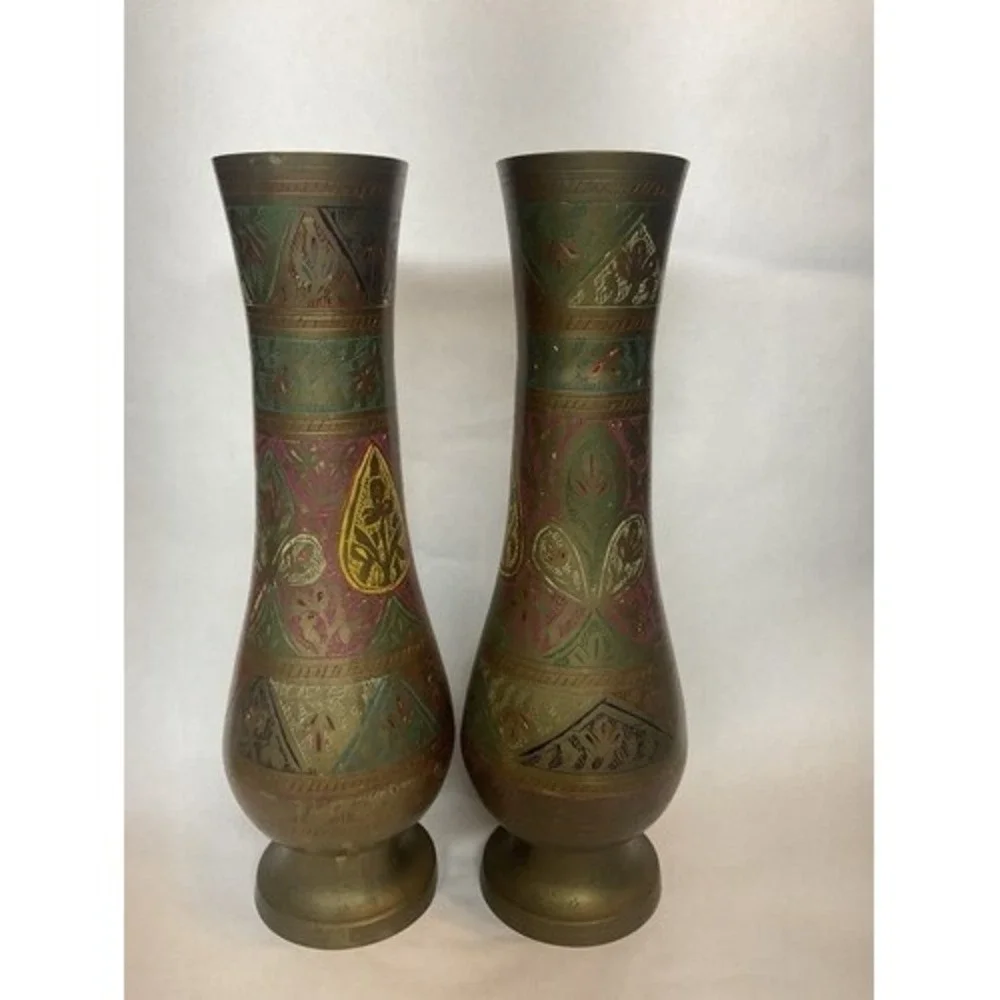Vintage Set of 2 Brass Hand Etched Multicolored Flower Bud Vases 12
